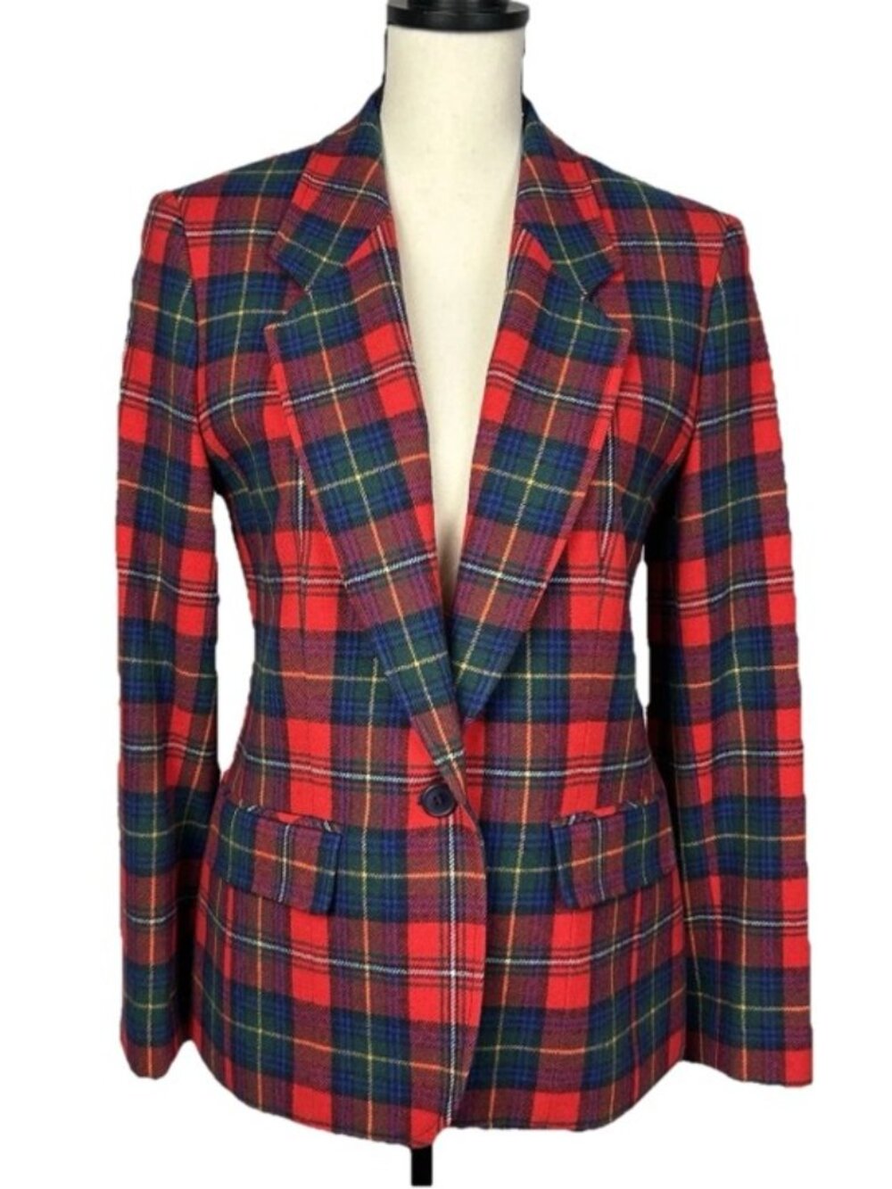 Vtg Pendleton Women's Blazer 10 Red Green Tartan Plaid Wool 1 Button USA 80's